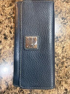 Dooney & Bourke Navy Pebbled Leather Continental Wallet with Brass Plaque